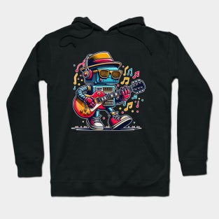 A Rockin' Blues Robot Blues Guitar Rock and Roll Robot Plays Lead Guitar with Music Notes Floating Around Hoodie